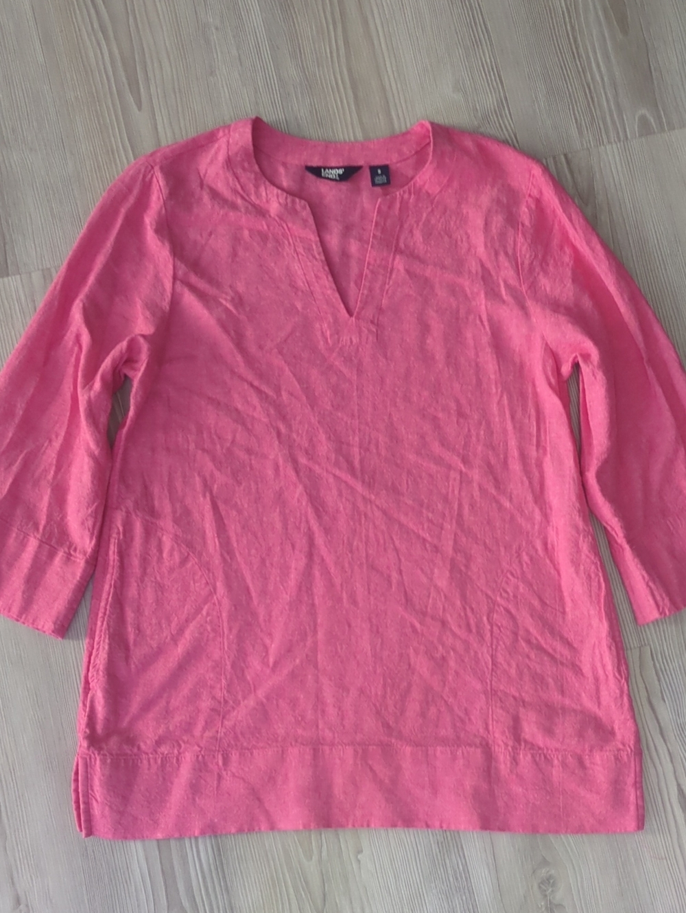 Lands' End Pink Linen Blend V-Neck Tunic Top Women's Small Quarter Sleeve